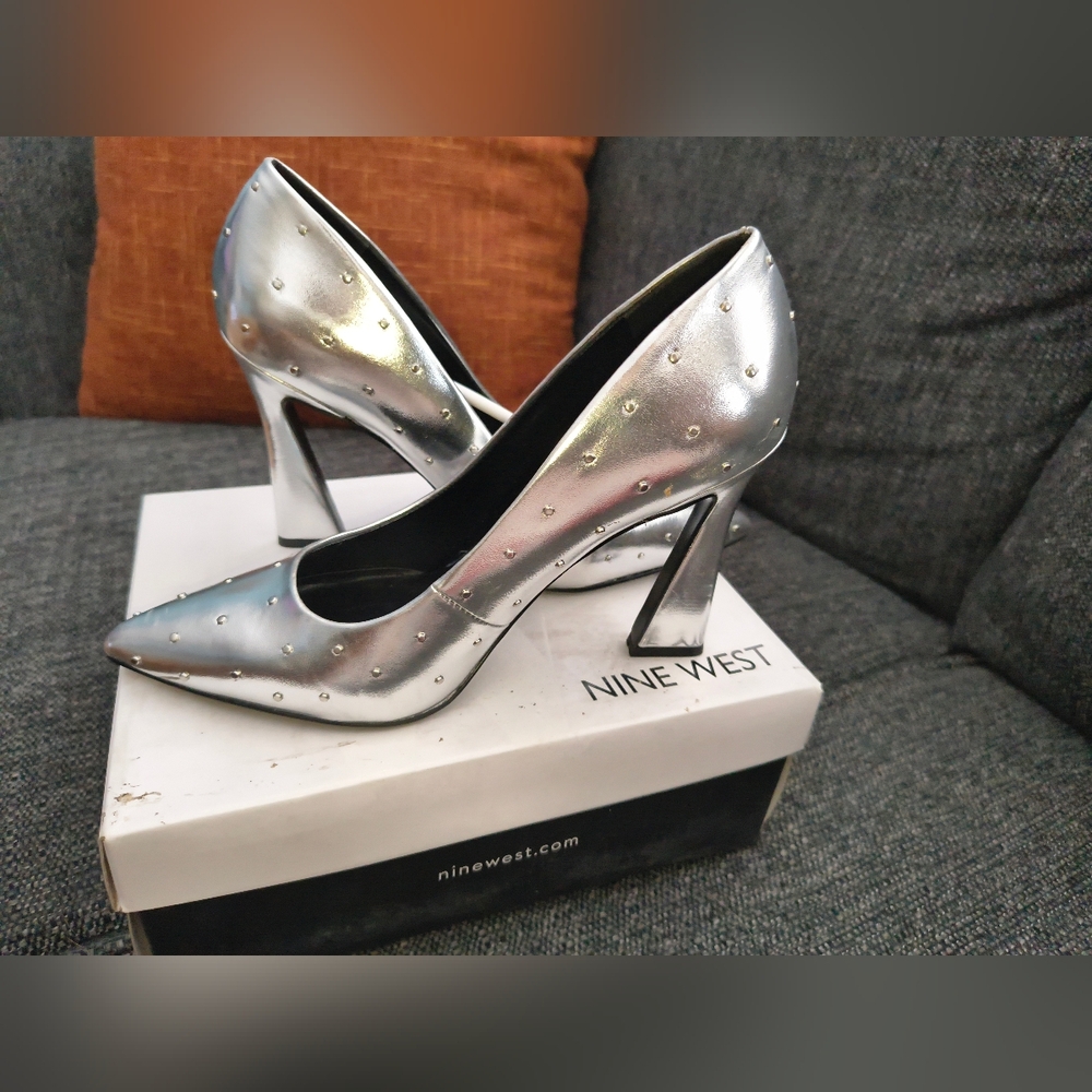 Nine West Metallic Silver Studded Pointed Pumps